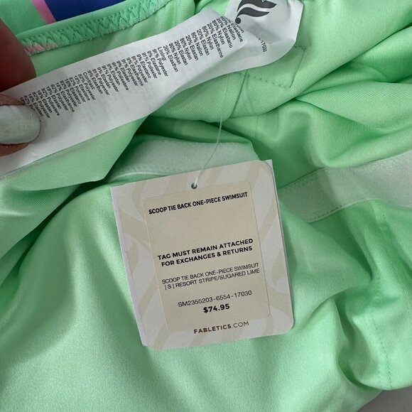 Fabletics Scoop Tie Back One Piece Swimsuit Small Stripe Green Purple - Picture 10 of 11